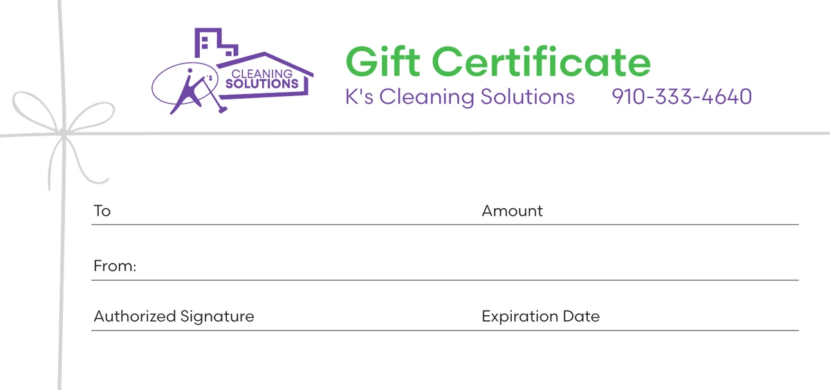 K's Cleaning Solutions gift certificate — classic design with ribbon bow