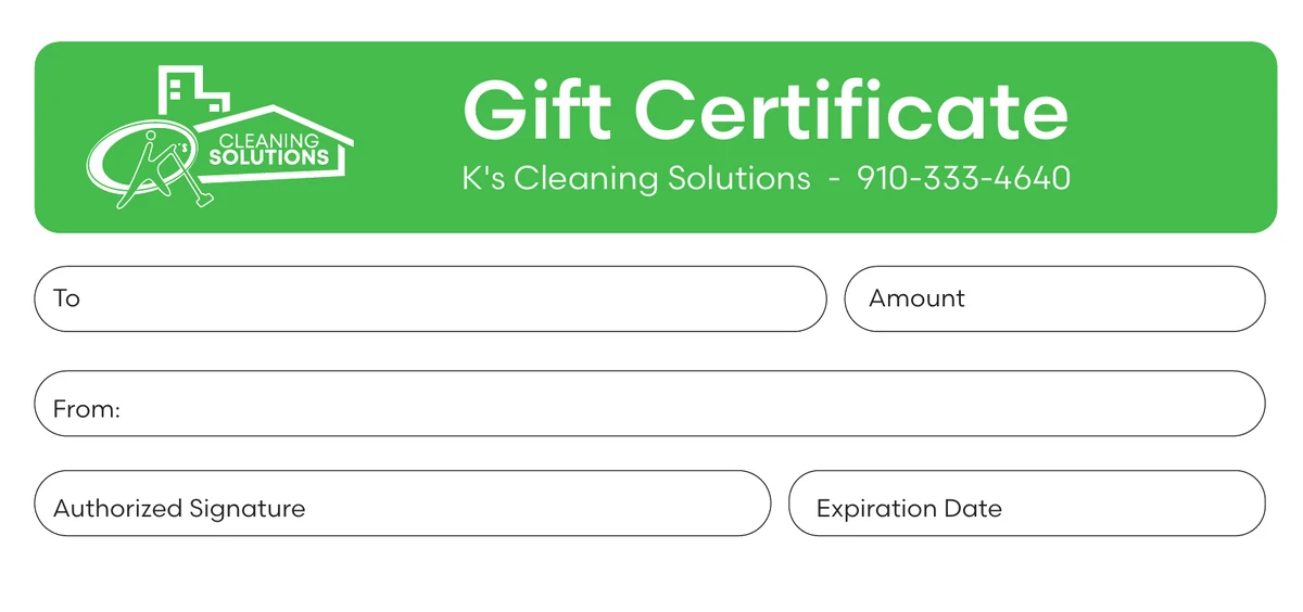 K's Cleaning Solutions gift certificate — bold green design