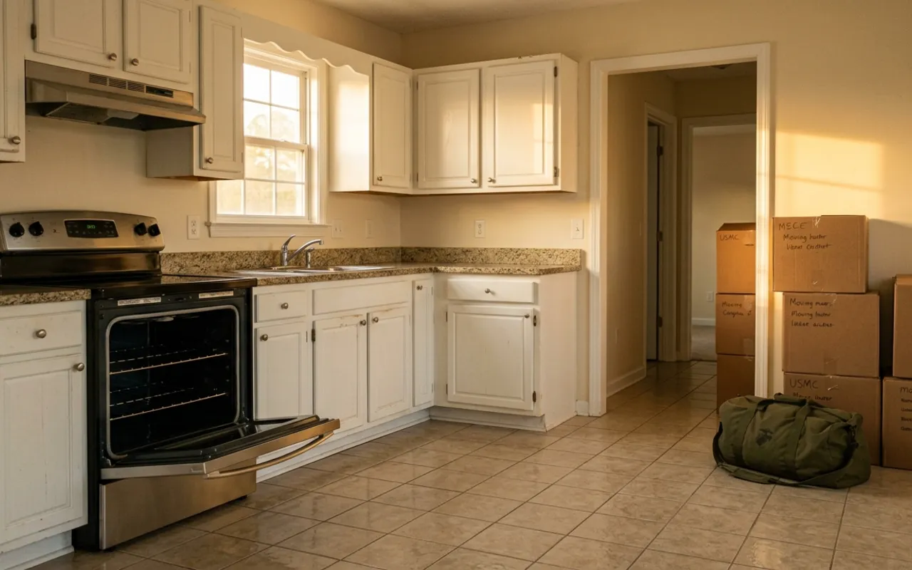 Inspection-ready Camp Lejeune base housing kitchen post-clean with moving boxes in hallway